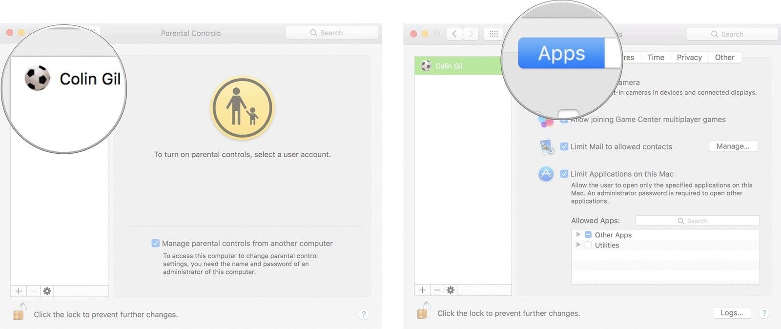 Выберите учетную запись, затем нажмите на вкладку приложения