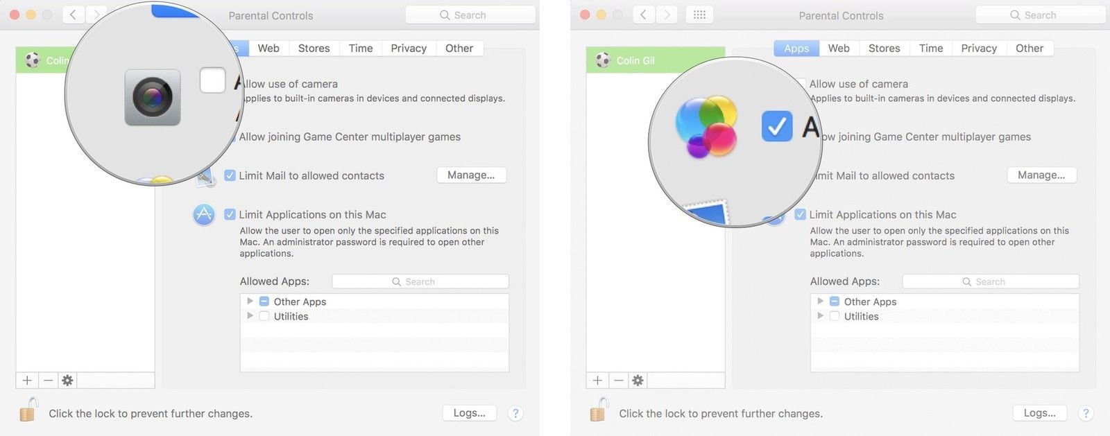 Выберите камеру и параметры Game Center