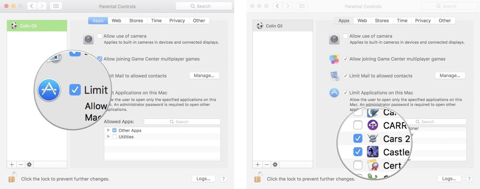 Выберите ограничения приложений, затем выберите приложения, которые одобрены для использования