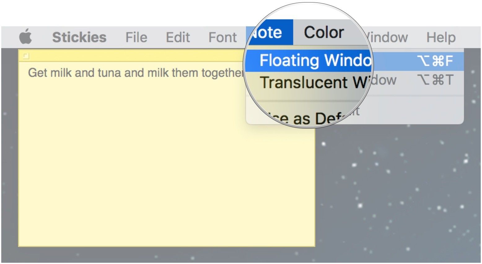 Нажмите Примечание, Плавающее окно