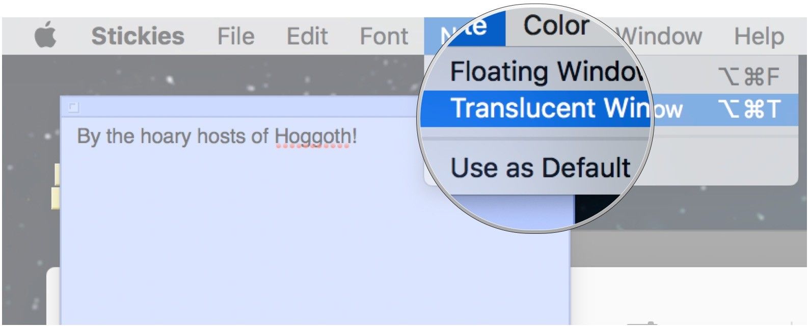 Нажмите Примечание, полупрозрачное окно