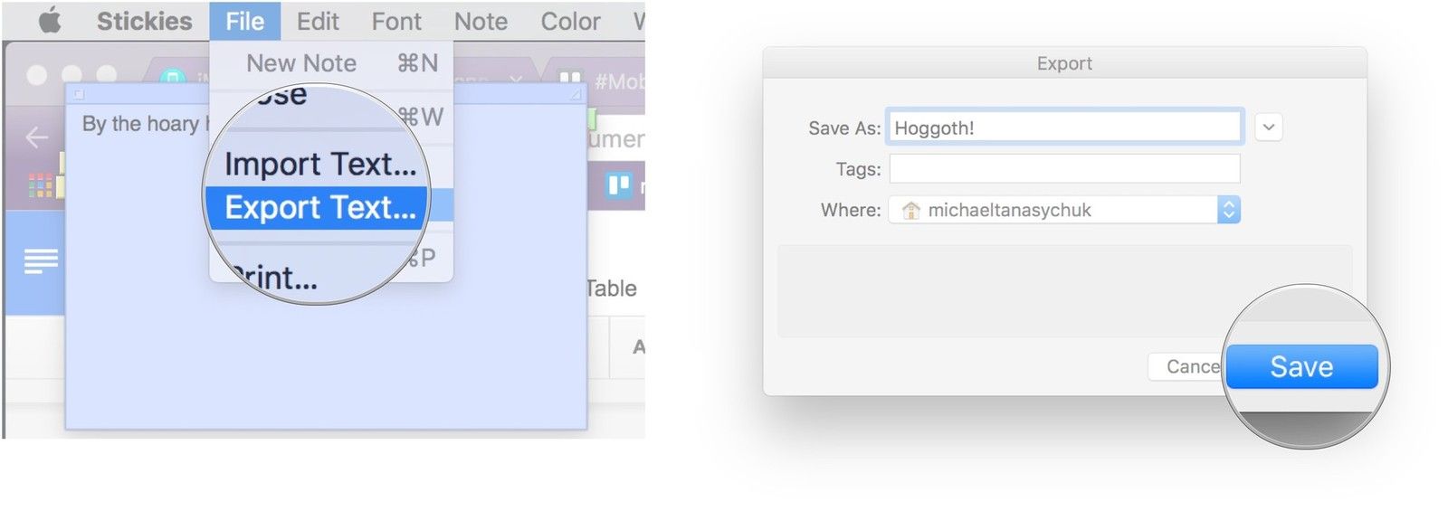 Нажмите «Файл», нажмите «Экспорт текста», присвойте название заметке, нажмите «Сохранить».