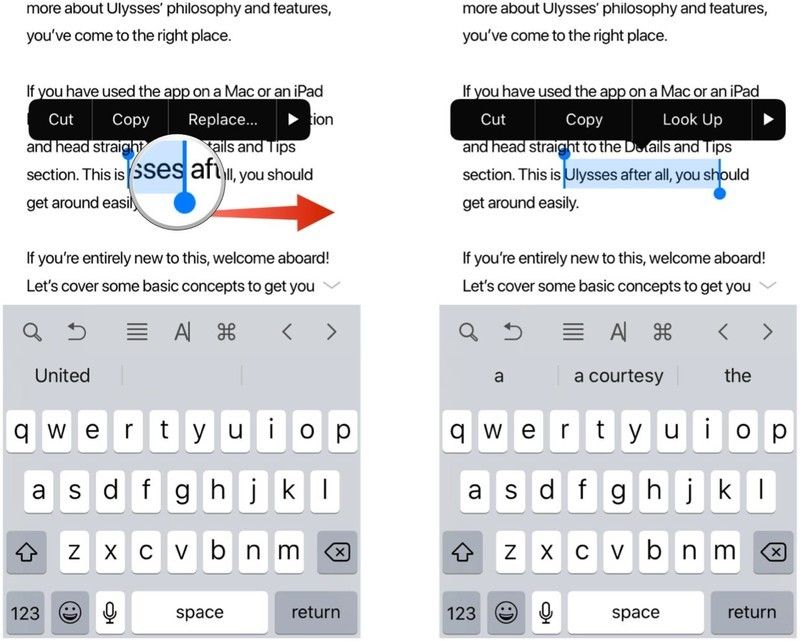 Проведите пальцем возле ручки выделенного текста, чтобы расширить выбор