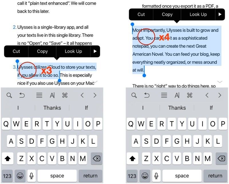 Тройное нажатие для выбора предложения или четырехкратное нажатие для абзаца