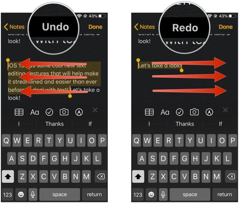 Три пальца влево для отмены, три пальца вправо для повтора