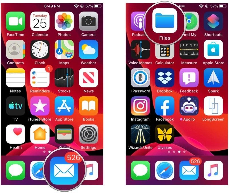 Запустите Почту или Файлы в iOS 13