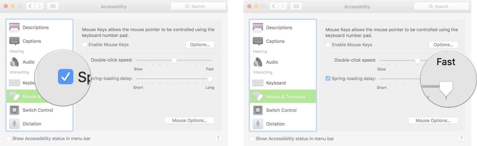 Регулировка задержки пружинной нагрузки на Mac