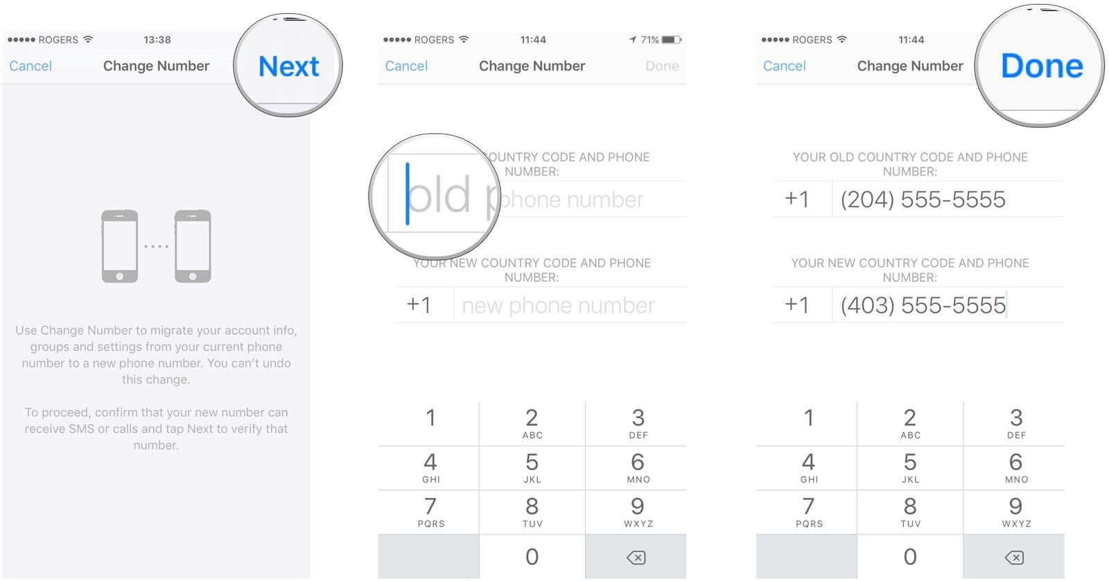 Нажмите «Далее», введите старые и новые номера телефонов, нажмите «Готово».
