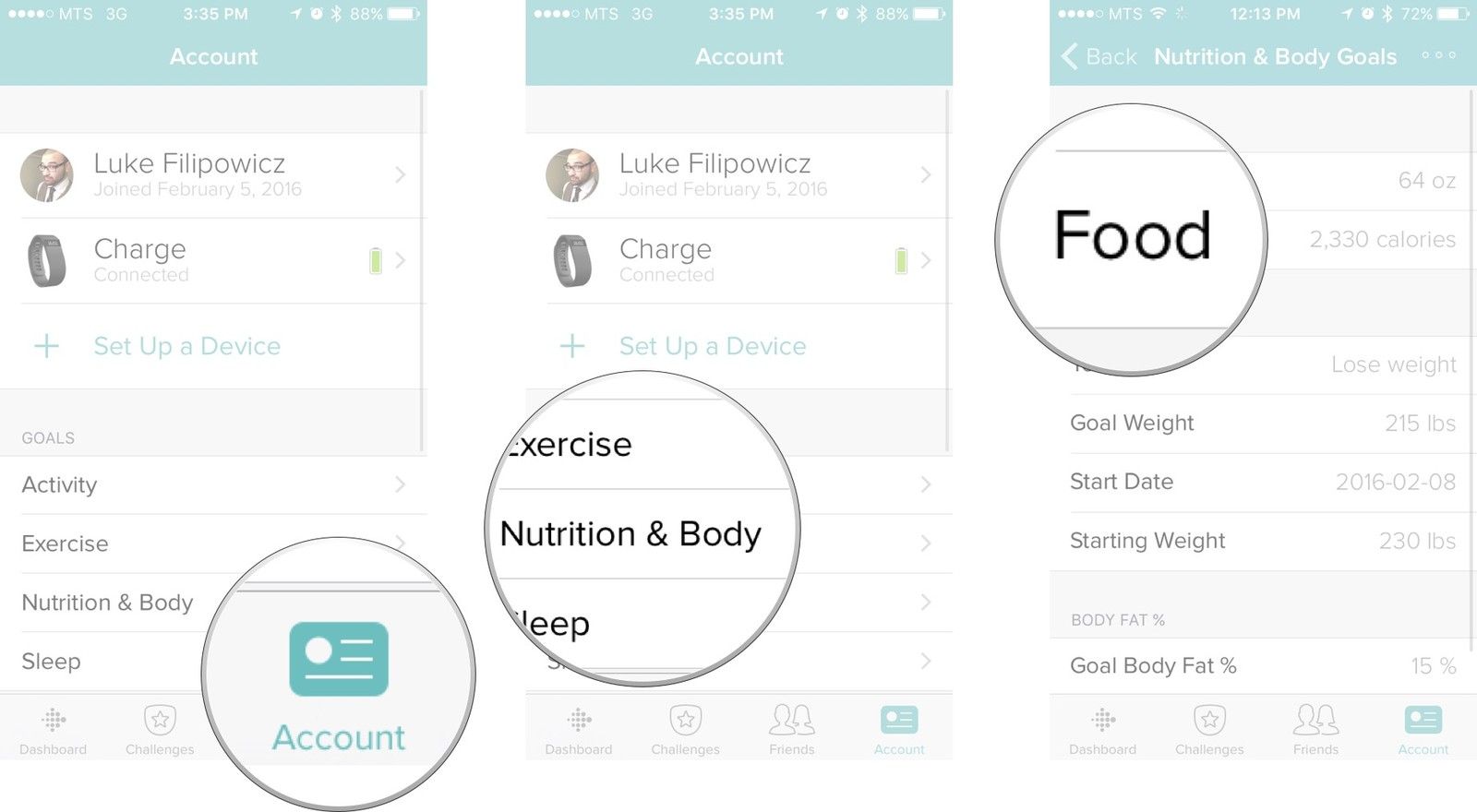 Запустите Fitbit на главном экране, нажмите на вкладку учетной записи, нажмите кнопку «Питание и тело», а затем нажмите кнопку «Питание».