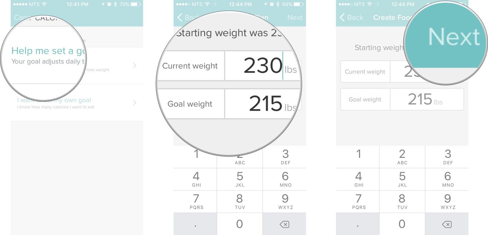 Нажмите на кнопку «Помочь мне установить цель», отрегулируйте текущий вес и вес цели, а затем нажмите на следующую кнопку.