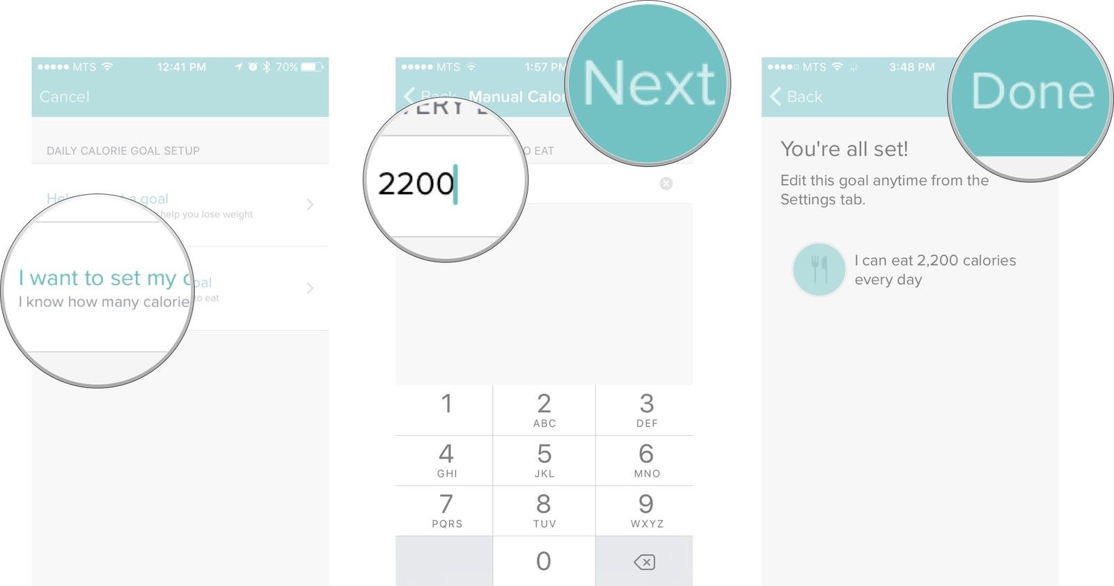 Нажмите на кнопку «Я хочу установить собственную цель», введите желаемое количество калорий, нажмите следующую кнопку и нажмите кнопку «Готово».