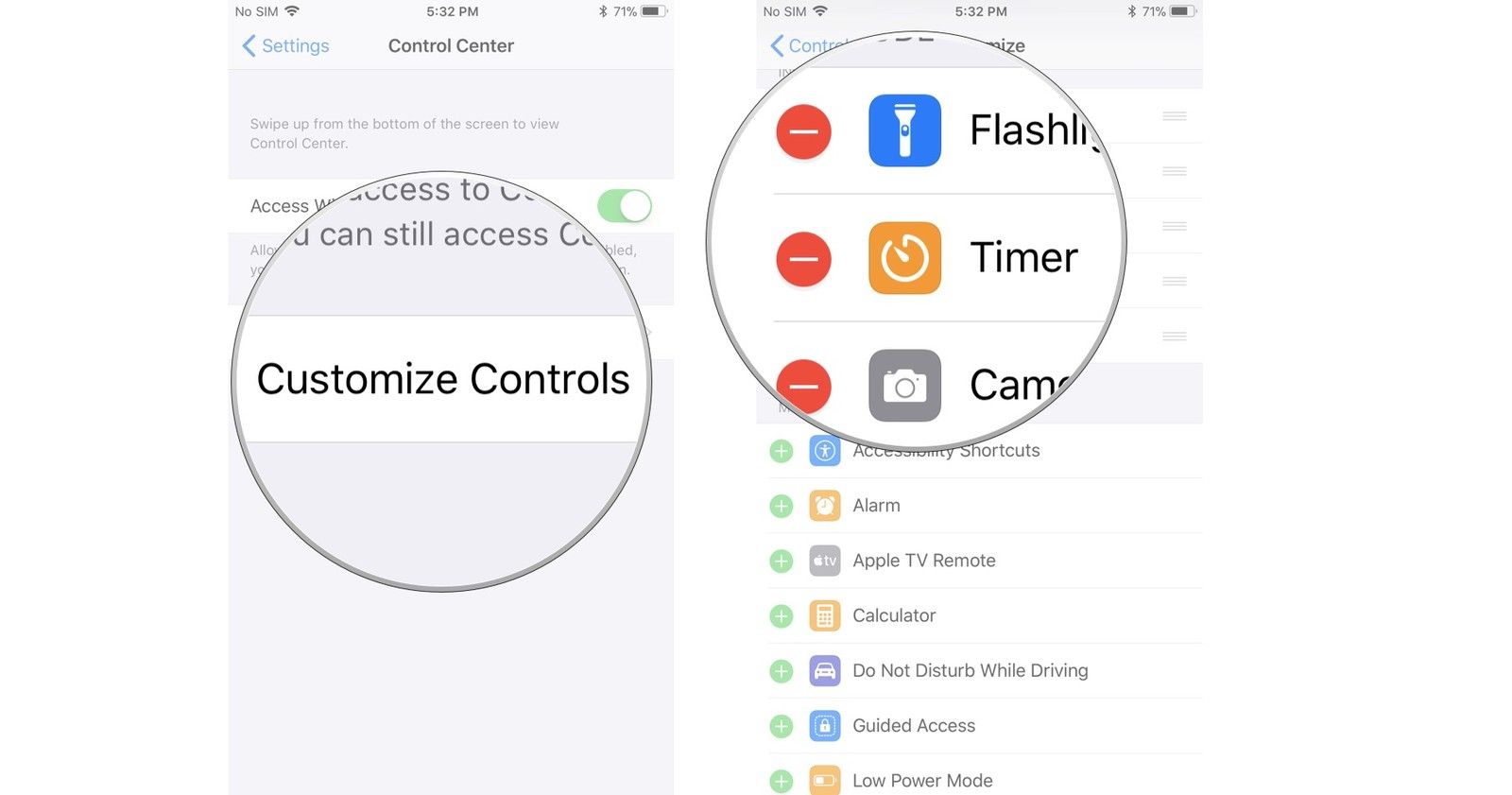 Нажмите «Настроить элементы управления», затем нажмите кнопку «Удалить».