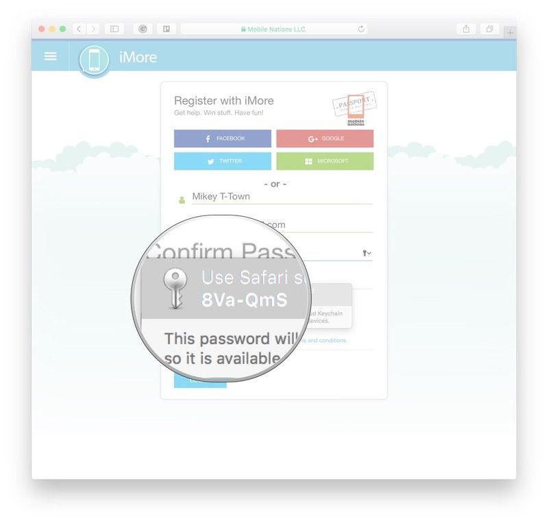 Запустите Safari, перейдите на сайт, на котором вы're creating an account, click the password field, click the suggested iCloud Keychain password