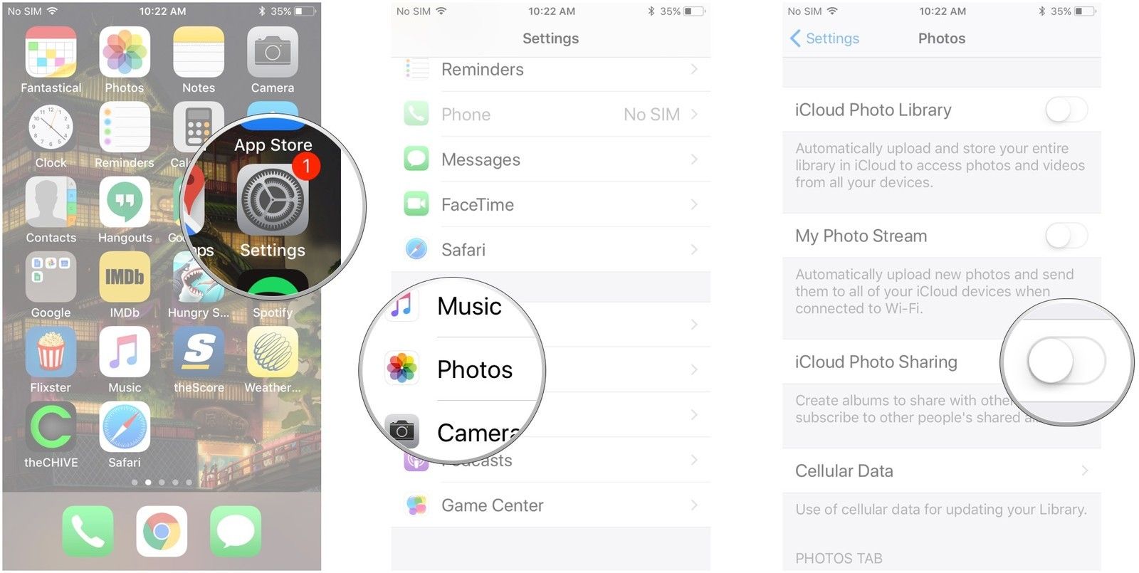 Запустите настройки, нажмите «Фото», нажмите переключатель рядом с «iCloud Photo Sharing».