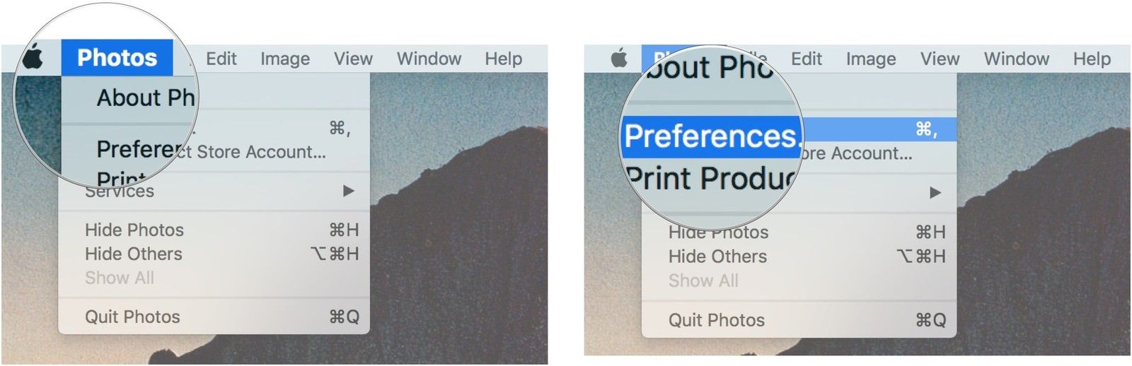 Запустите «Фотографии», затем выберите «Фотографии» в меню приложения, затем выберите «Настройки».