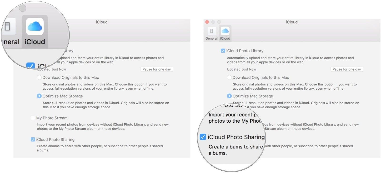 Нажмите на iCloud, затем установите или снимите флажок для iCloud Photo Sharing