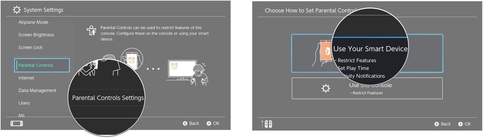 Выберите «Настройки родительского контроля», затем выберите «Использовать смарт-устройство».