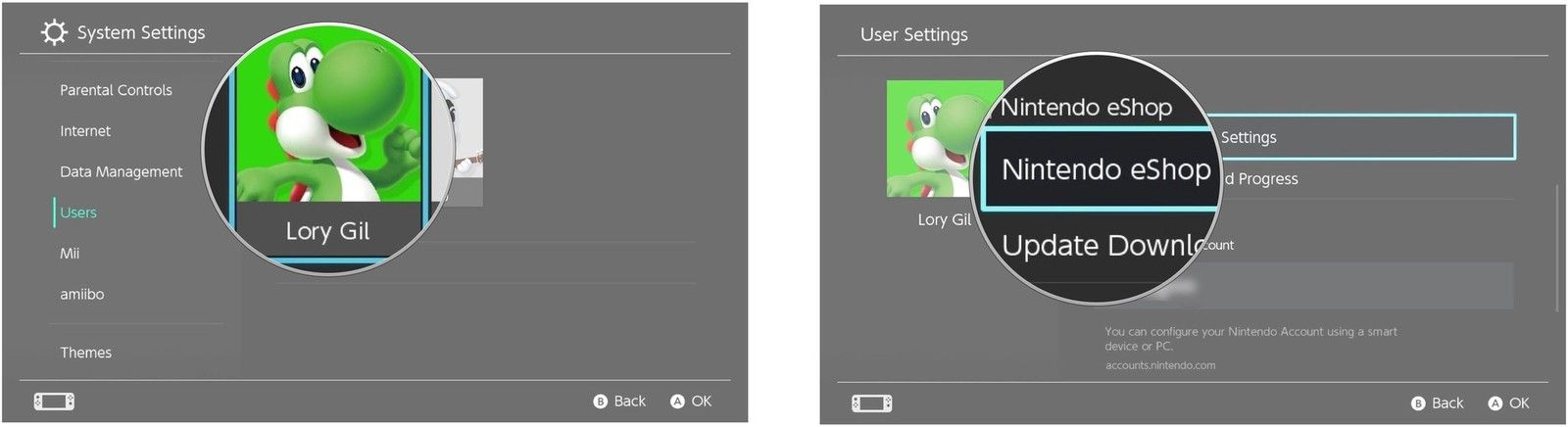 Выберите пользователя, затем выберите Настройки Nintendo eShop