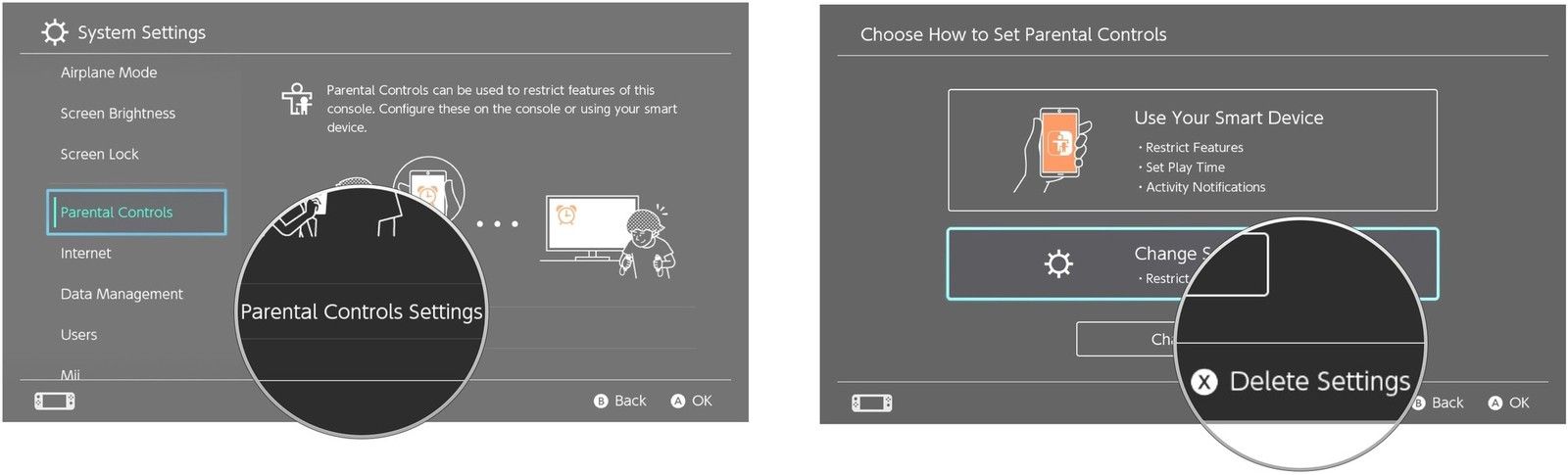 Выберите Настройки родительского контроля, затем выберите Удалить настройки