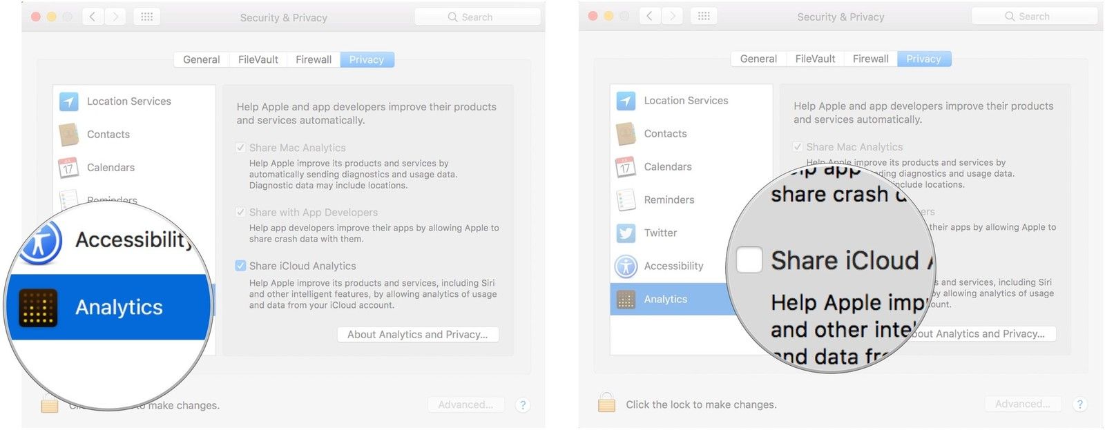 Нажмите на Аналитику, затем снимите флажок Поделиться аналитикой iCloud.