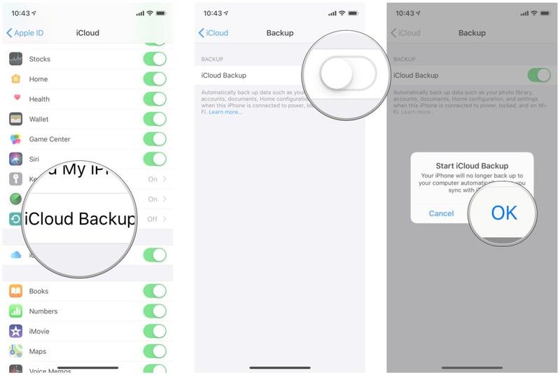 Нажмите iCloud Backup, включите его, подтвердите Нажмите iCloud Backup, включите его, подтвердите