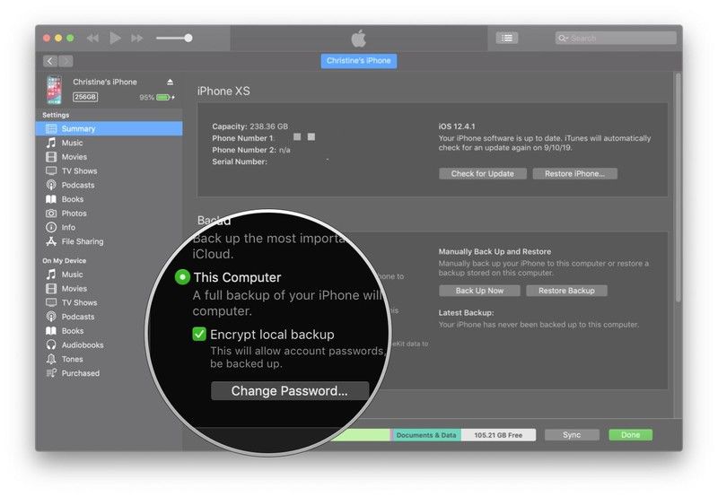 Установите флажок для зашифрованных резервных копий Установите флажок для зашифрованных резервных копий