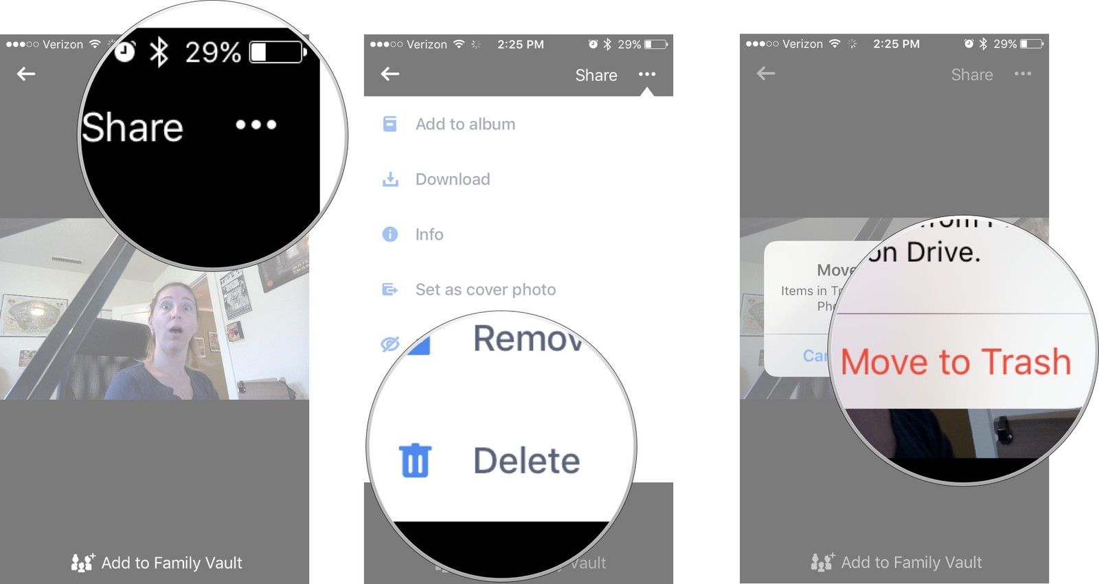 Нажмите «Еще», затем выберите «Удалить», затем нажмите «Переместить в корзину».