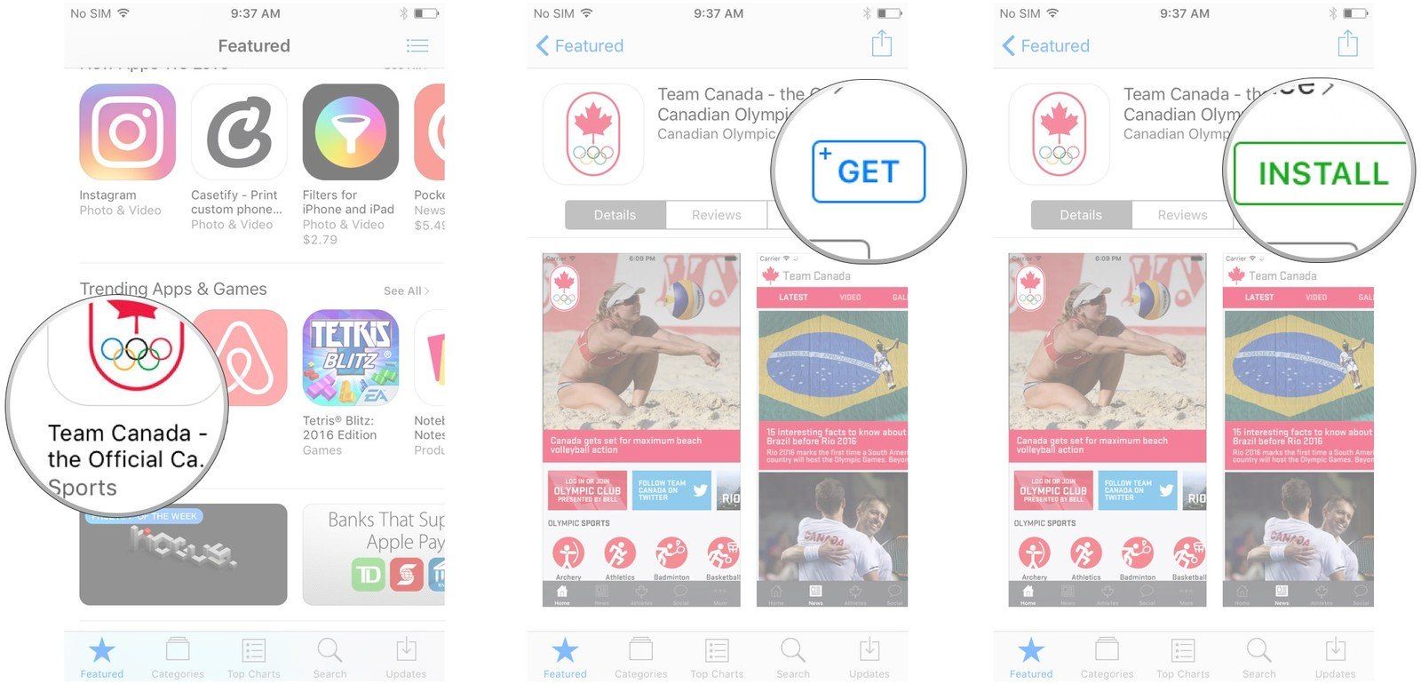 Нажмите на приложение, которое вы хотите загрузить, нажмите «Получить», нажмите «Установить»