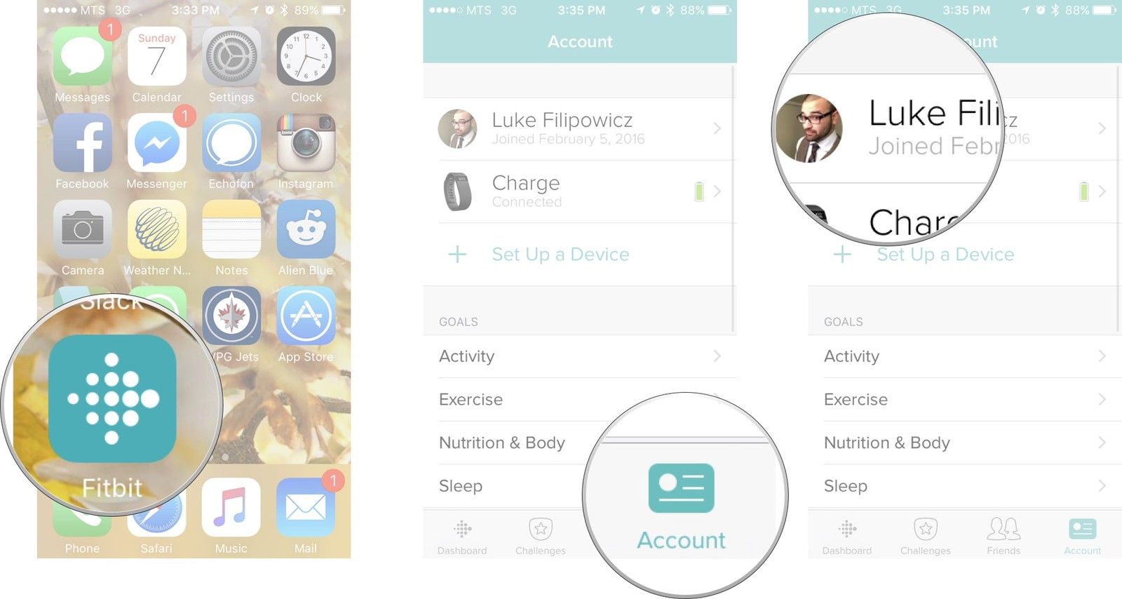 Запустите Fitbit на главном экране, нажмите на вкладку учетной записи, а затем нажмите на свое имя.