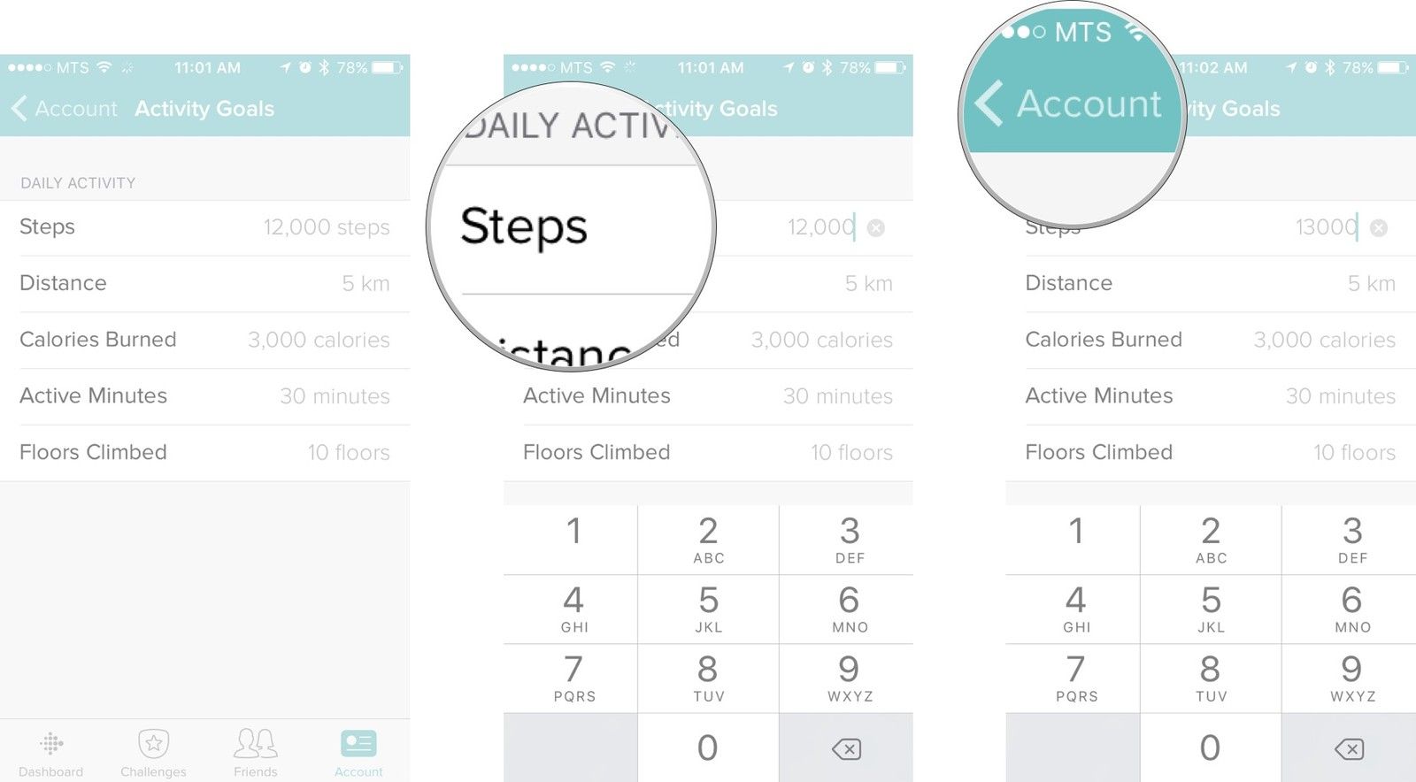 Запустите Fitbit на главном экране, нажмите на вкладку учетной записи, а затем нажмите на кнопку активности.