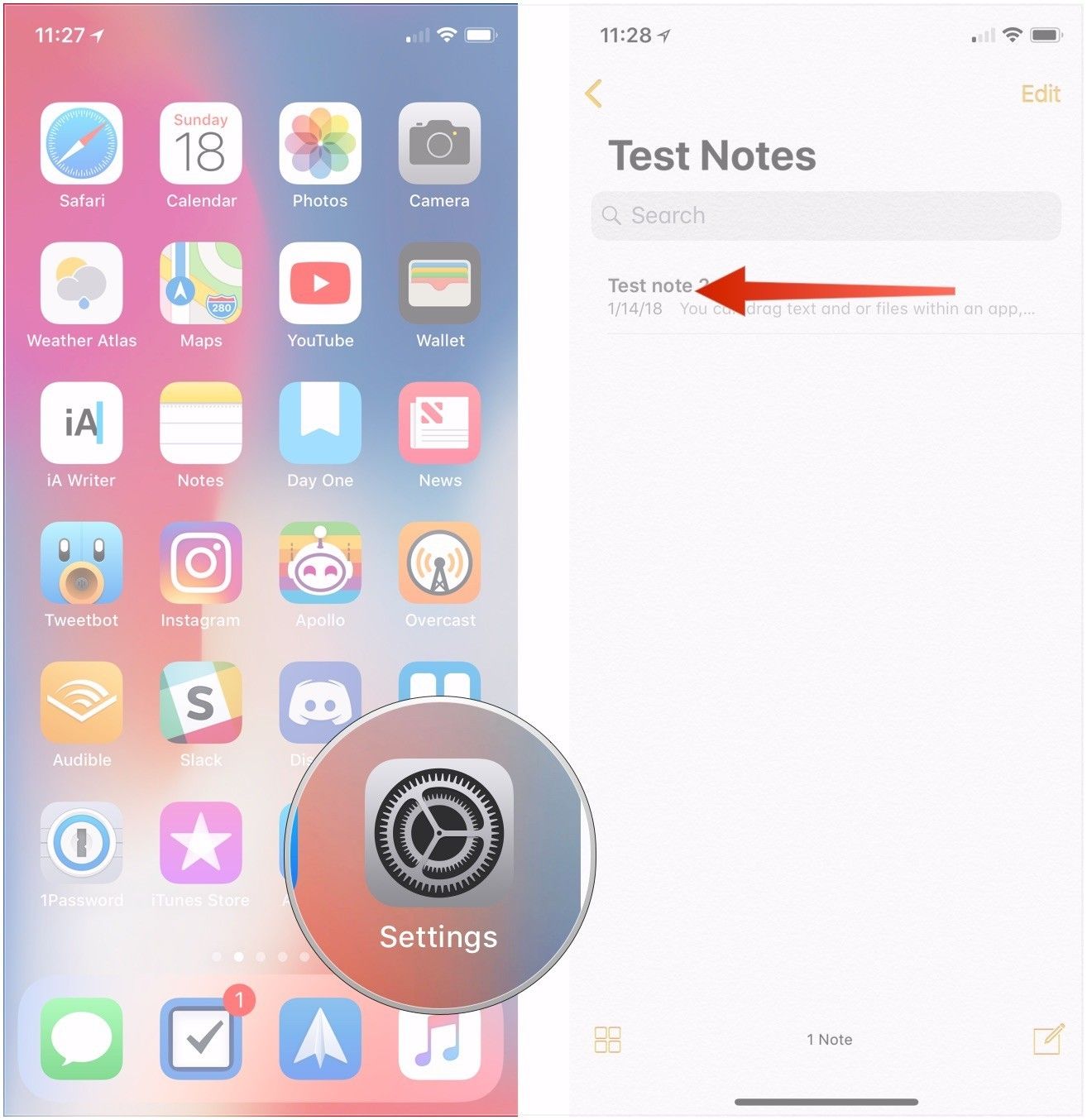 Открыть заметки, проведите пальцем влево