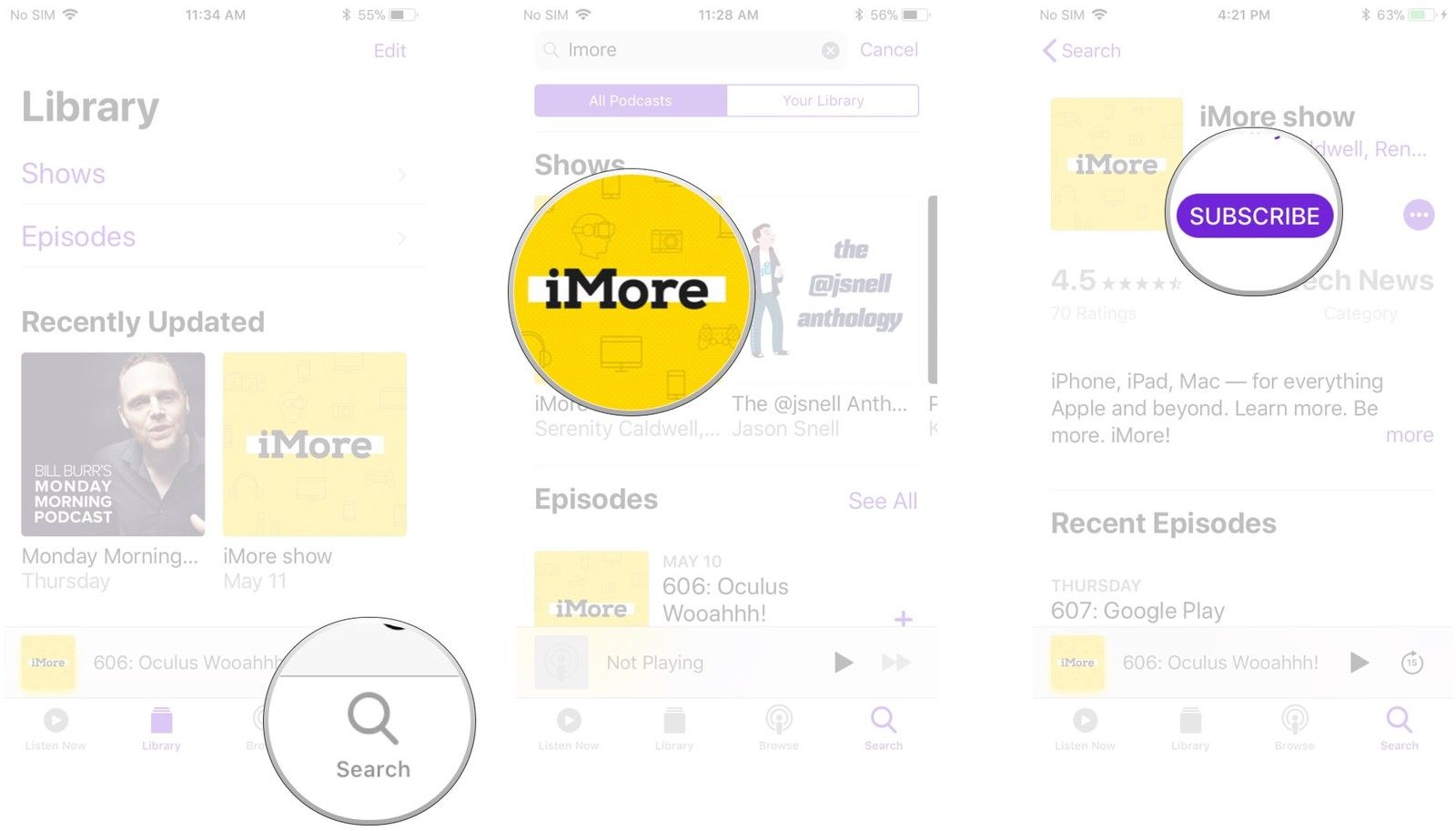 Нажмите «Поиск», введите поисковый запрос, нажмите подкаст, нажмите «Подписаться».