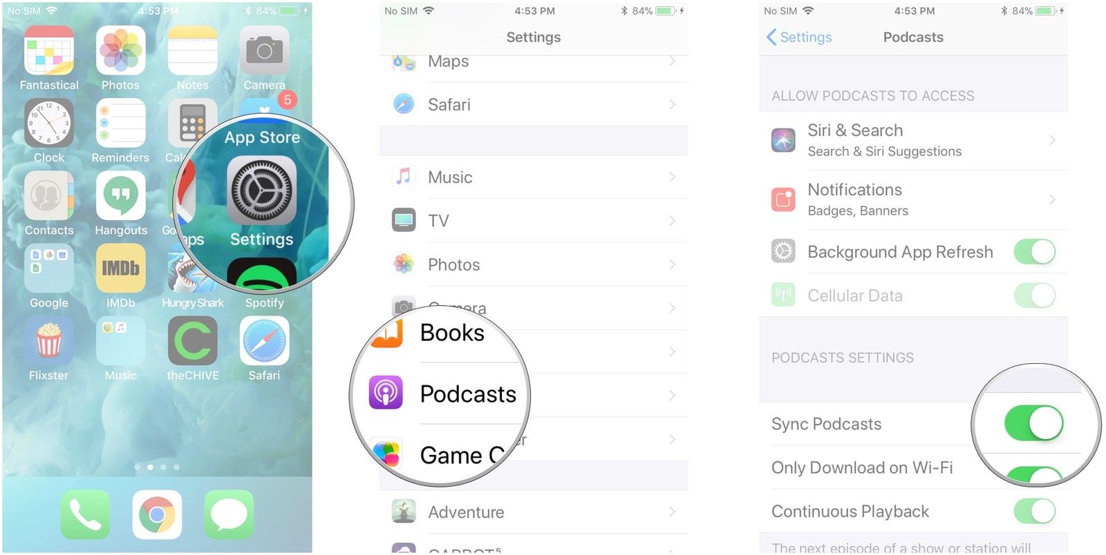 Запустите «Настройки», нажмите «Подкасты», нажмите переключатель рядом с «Синхронизировать подкасты».