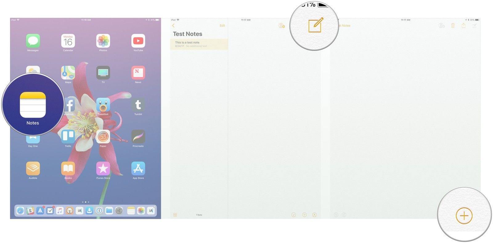 Открыть заметки, начать новую или открыть существующую заметку, нажмите +