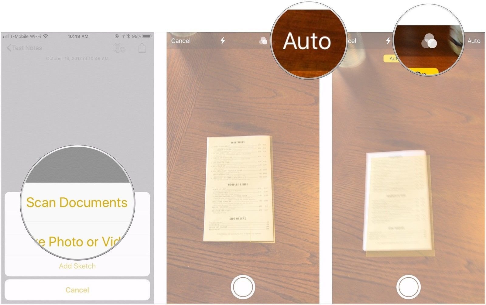 Нажмите «Сканировать документы», нажмите «Авто» или «Вручную», нажмите кнопку фильтра.