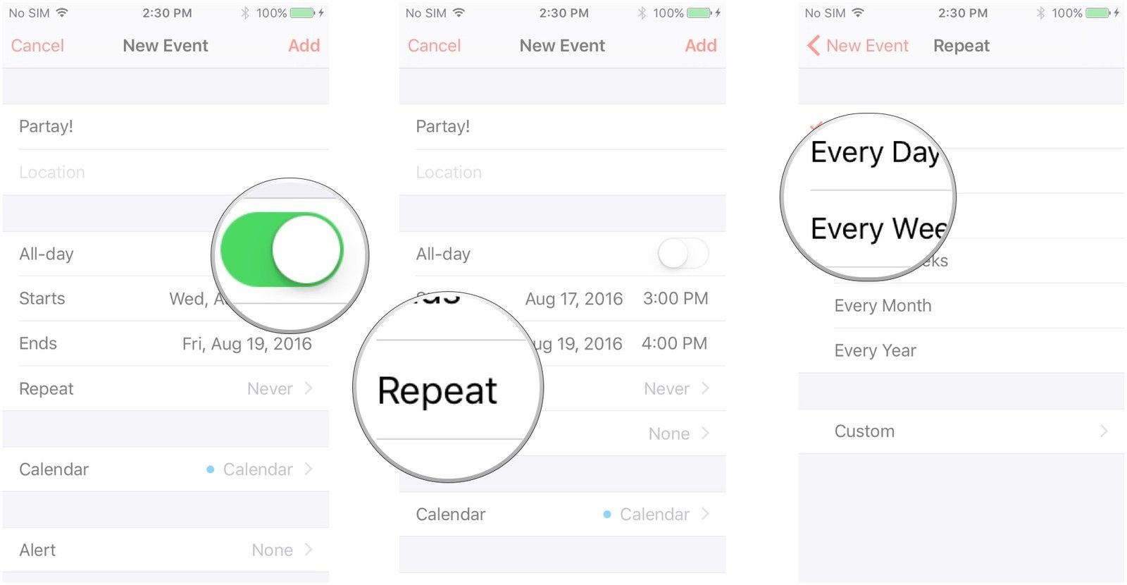Нажмите переключатель «Событие на весь день», если вы хотите включить или отключить его, нажмите «Повторить», выберите, как часто вы хотите, чтобы ваше событие повторялось