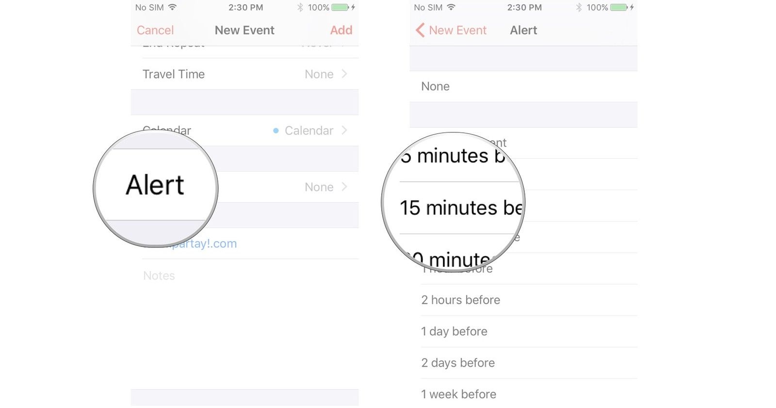 Нажмите Alert, выберите, когда вы хотите получать уведомления о вашем событии