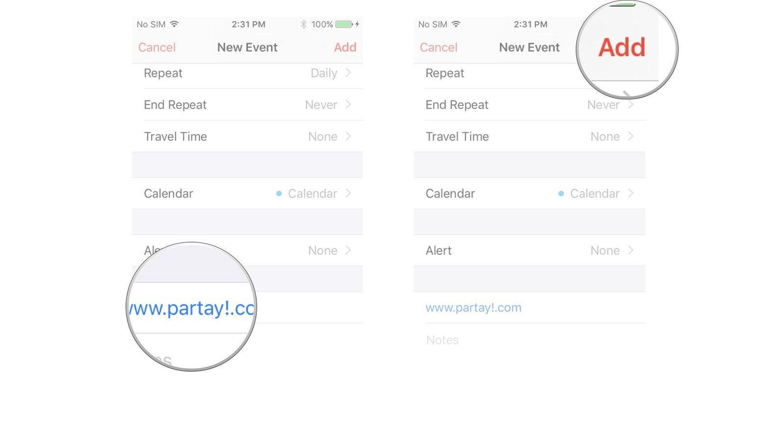 Введите URL-адрес, если с вашим событием связан веб-сайт, нажмите «Добавить».