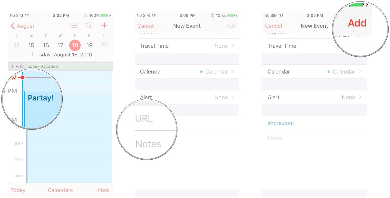 Нажмите на событие, к которому вы хотите добавить ссылку, нажмите на поле URL или «Заметки», нажмите «Добавить».