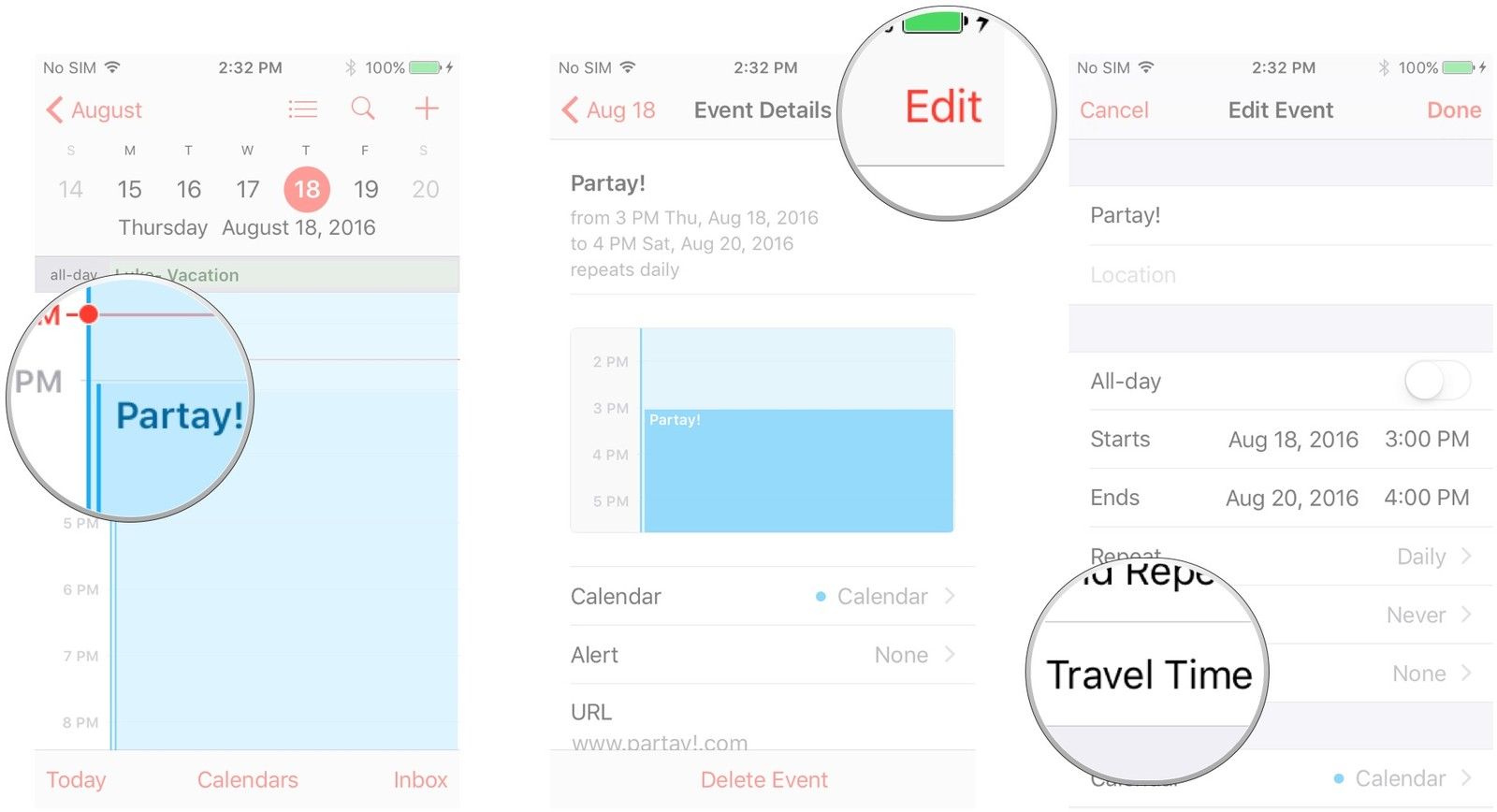 Нажмите на событие, нажмите «Изменить», нажмите «Время в пути»