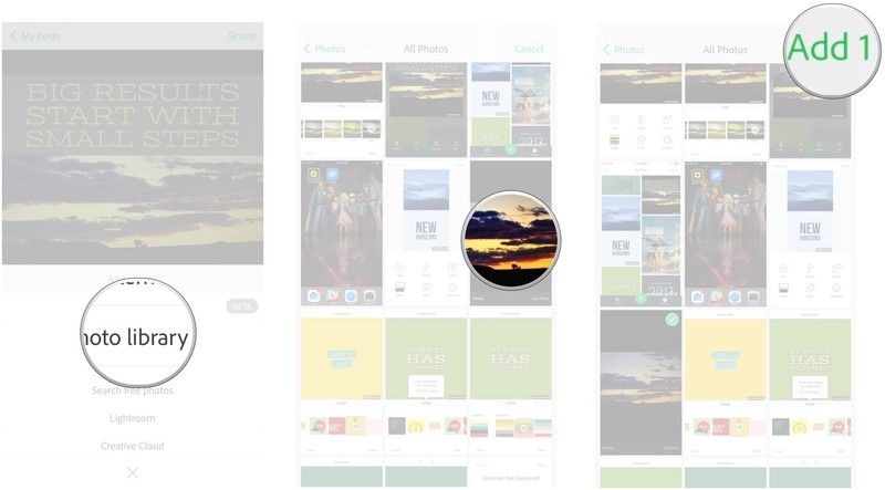 Нажмите на библиотеку фотографий, нажмите на фотографию, которую хотите импортировать, нажмите «Добавить».