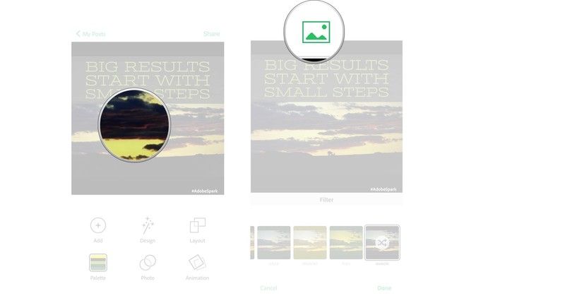 Нажмите один раз на фотографию, которую вы хотите заменить в проекте, нажмите значок изображения в верхней части экрана.