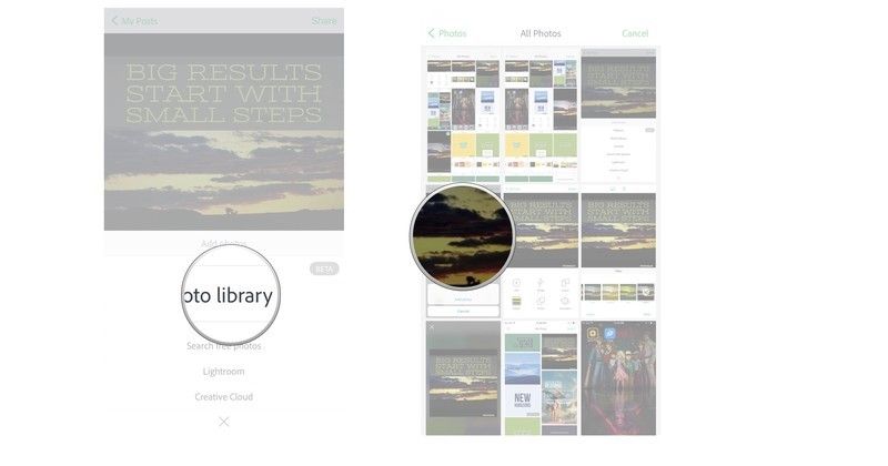 Нажмите на библиотеку фотографий, нажмите на фотографию, которую вы хотите импортировать.