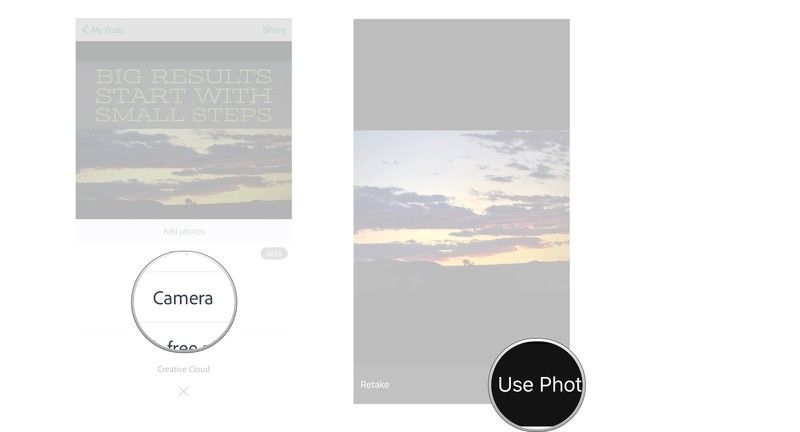 Нажмите камеру, сделайте снимок, нажмите использовать фото.