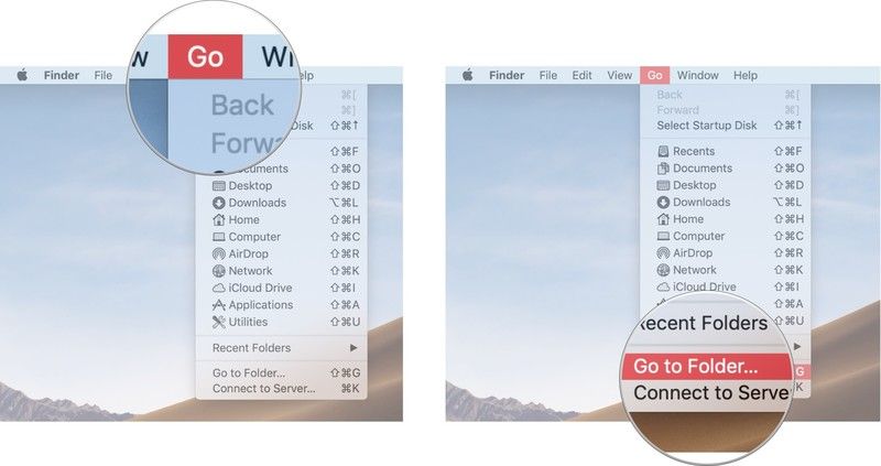 Нажмите на рабочий стол, чтобы получить доступ к поиску, затем нажмите «Перейти» в строке меню, затем нажмите «Перейти к папке».