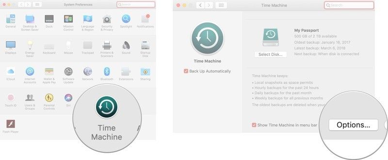 Нажмите на Time Machine, затем нажмите Параметры