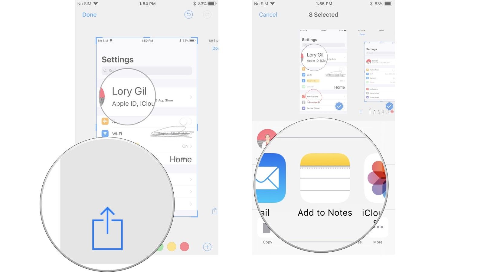 Нажмите «Поделиться», а затем выберите место для отправки снимка экрана.