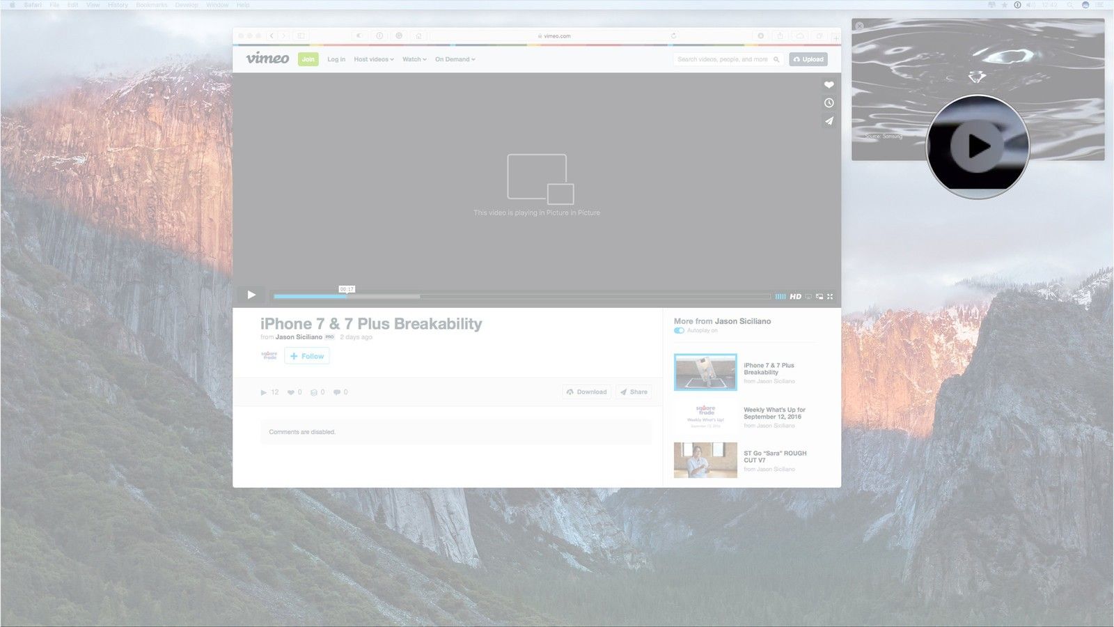 Вы можете управлять воспроизведением в окне «Картинка в картинке», нажимая кнопки «Воспроизведение и пауза».