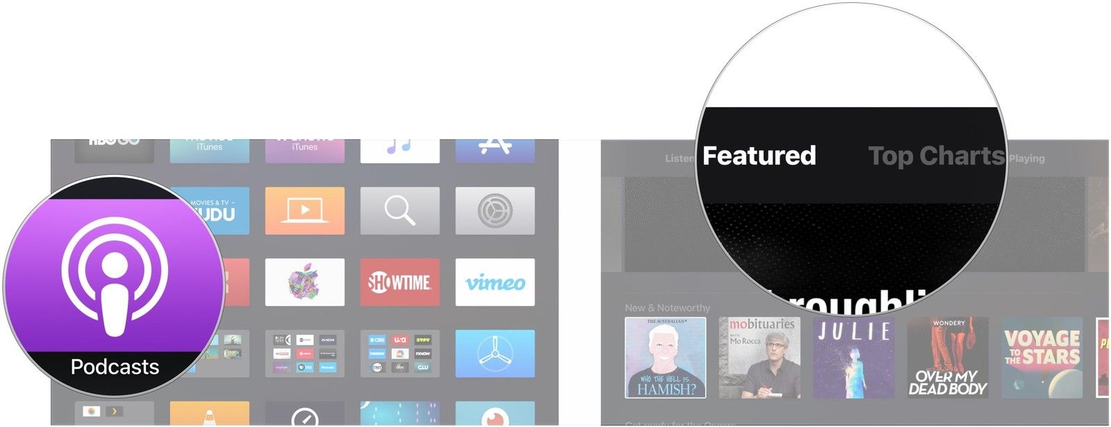 Откройте Подкасты, выберите Избранные или Лучшие диаграммы