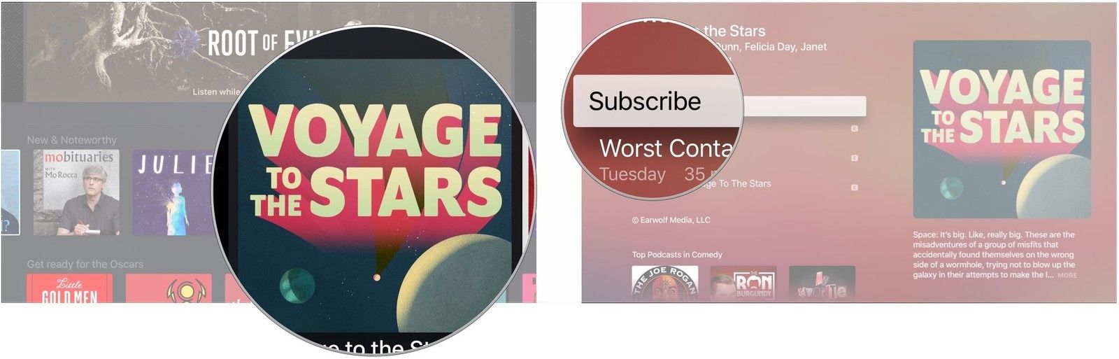 Нажмите на подкаст, нажмите Подписаться